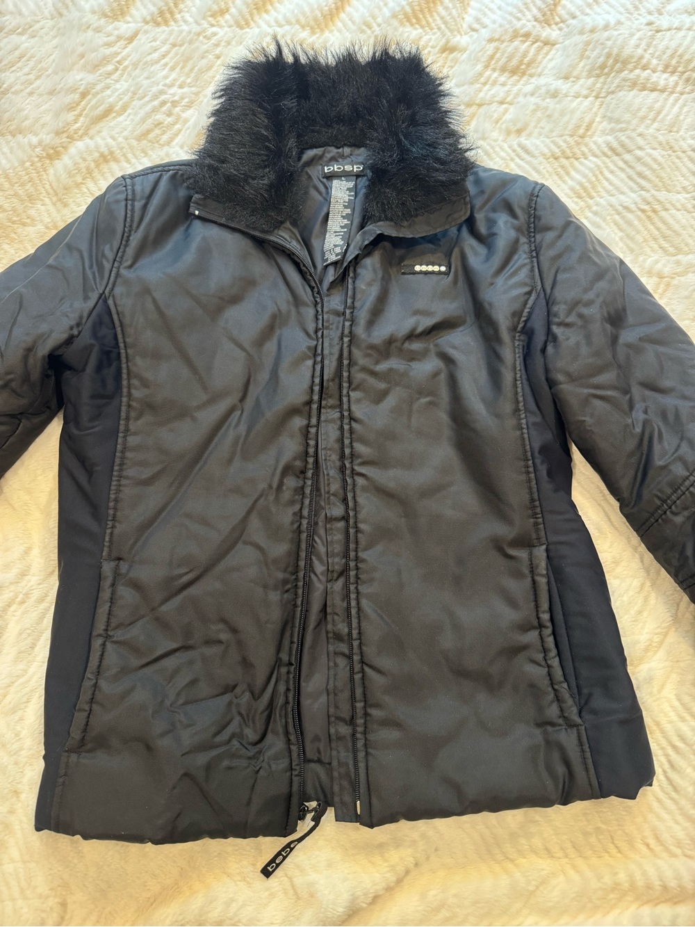 bebe Black Puffer Jacket Faux Fur Collar Y2K Zip Up Coat Women’s Large
